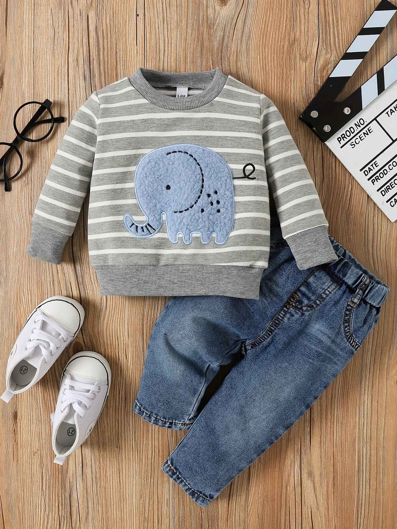 Conjunto de listras de elefantes para meninos e meninas, casual bonito estampado