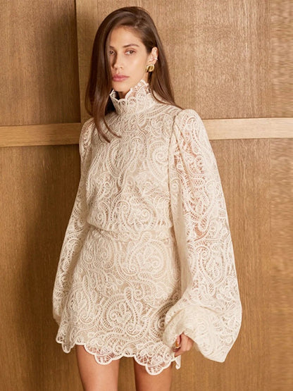 Bwq lanterna manga vestido de renda conjunto suporte pescoço crochê oco para f