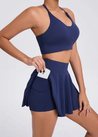 Conjunto de yoga casual ao ar livre sutiã tênis saia curta anti-luz corrida bo