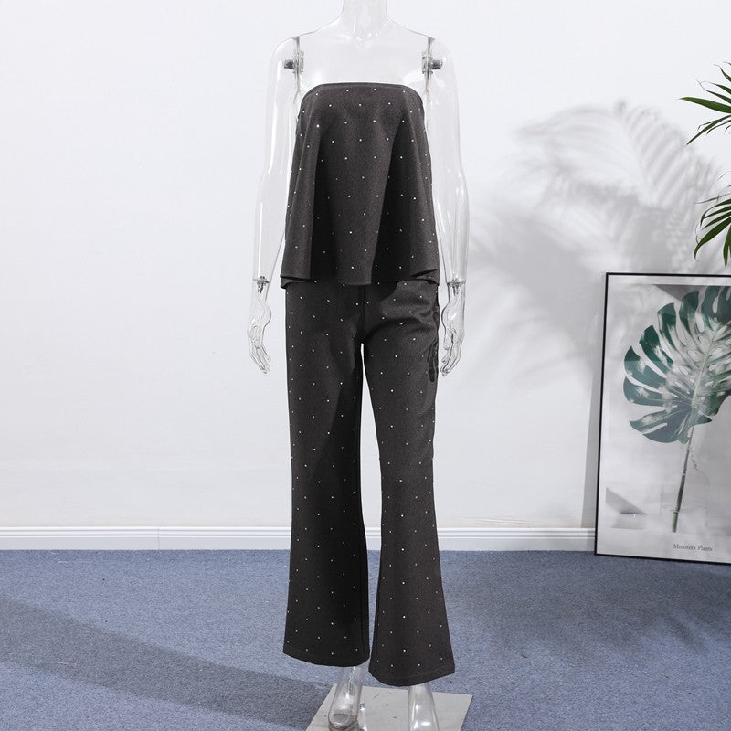 Elegante feminino strass calças superiores ternos conjunto sem alças sem manga
