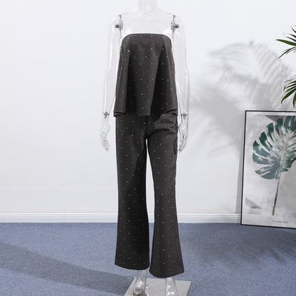 Elegante feminino strass calças superiores ternos conjunto sem alças sem manga