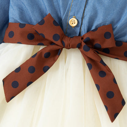 Primavera vestido de manga comprido menina denim vestido azul falso duas peças