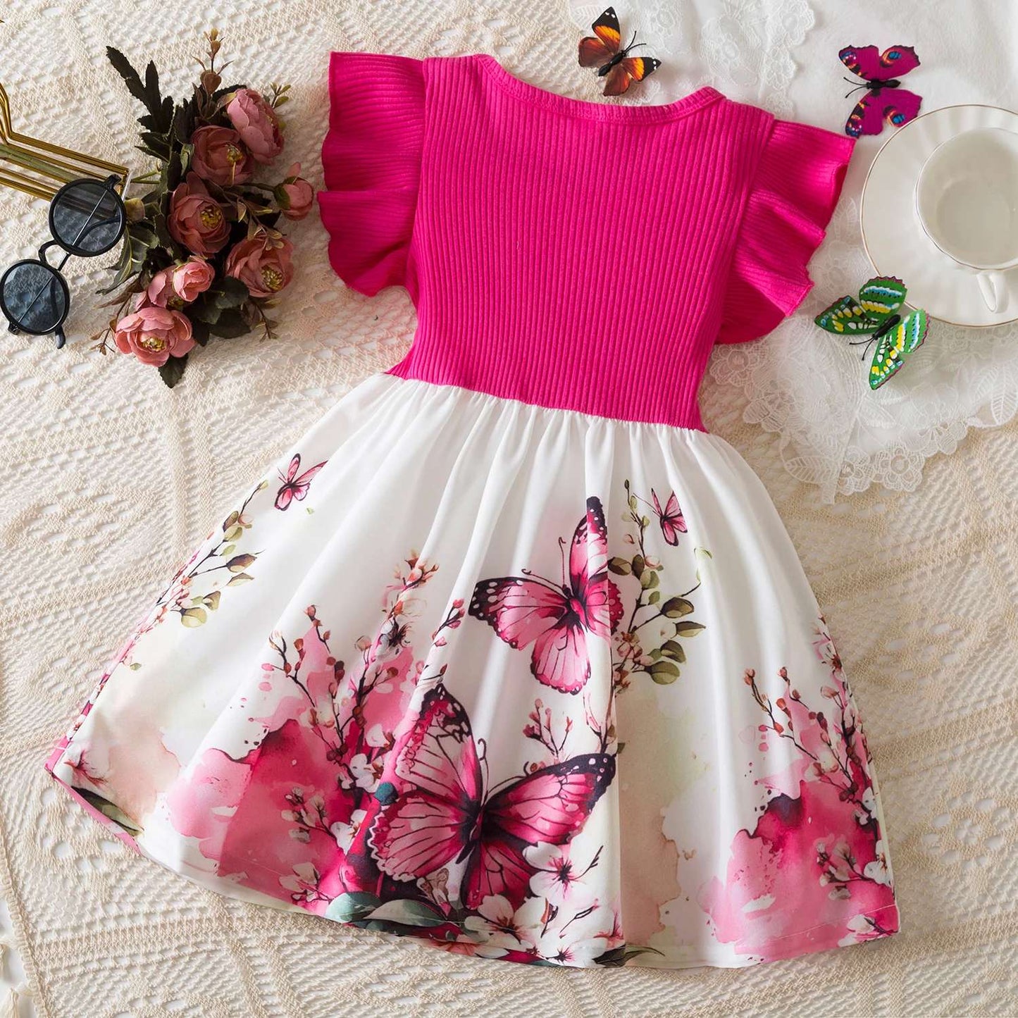 Vestido floral rosa preto para meninas de 3 a 8 anos, verão, roupas casuais par