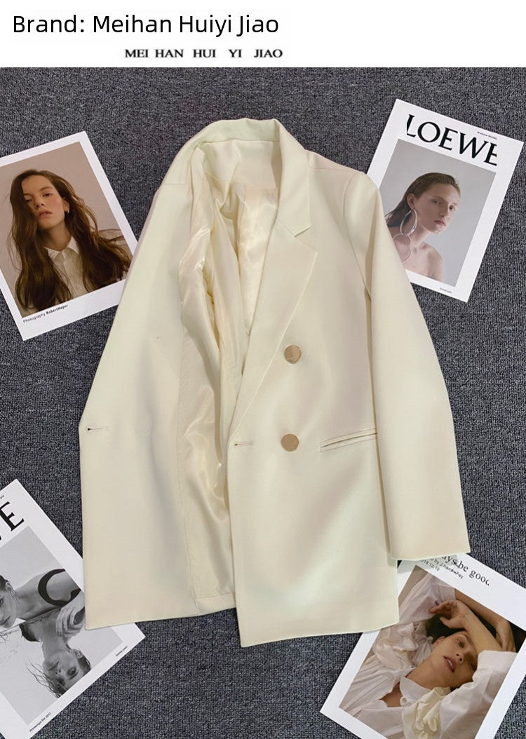 Jaqueta feminina branca com fivela de metal verde, casual, versátil, de alta qu