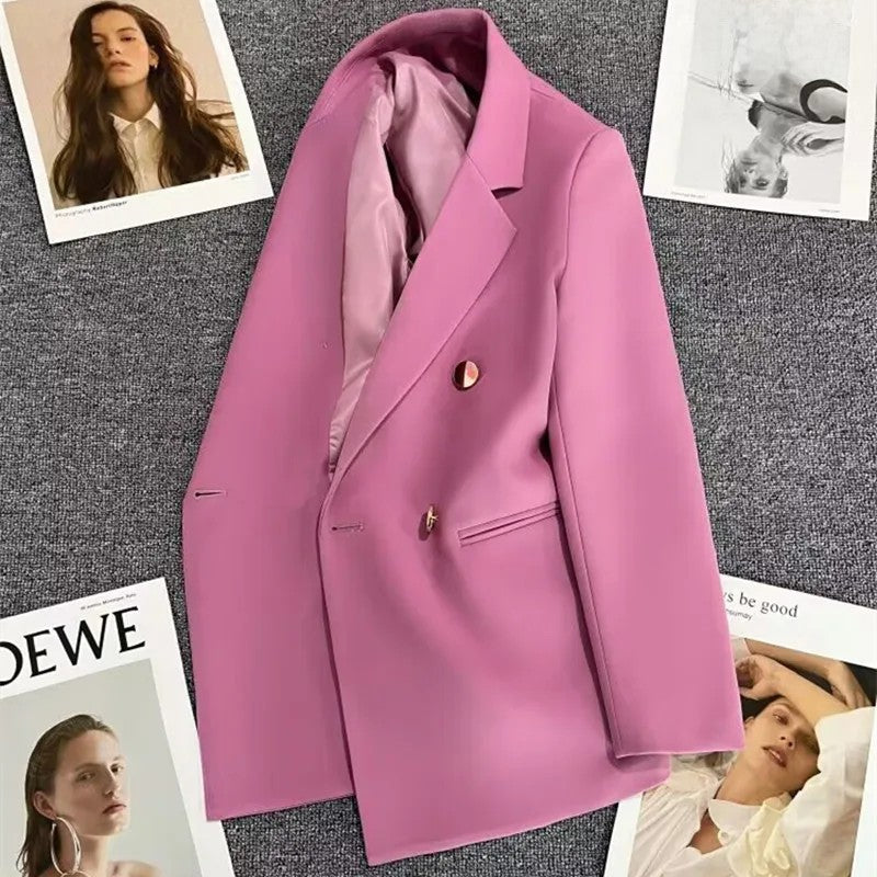 Jaqueta feminina branca com fivela de metal verde, casual, versátil, de alta qu