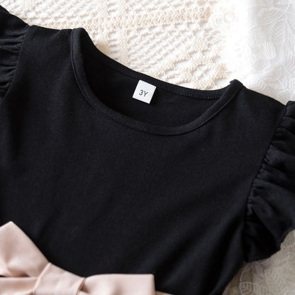 Vestido floral rosa preto para meninas de 3 a 8 anos, verão, roupas casuais par