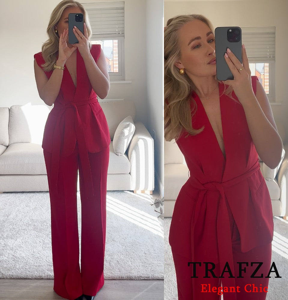 Trafza feminino romântico colete vermelho conjunto com decote em v com cinto ca