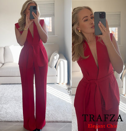 Trafza feminino romântico colete vermelho conjunto com decote em v com cinto ca