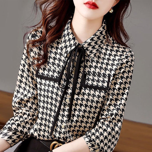 Primavera outono elegante moda houndstooth impressão rendas até camisa senhora