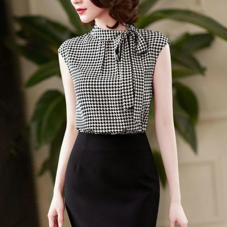 Verão coreano arco laço chiffon camisa elegante gola houndstooth escritório s