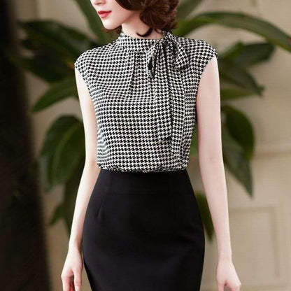 Verão coreano arco laço chiffon camisa elegante gola houndstooth escritório s