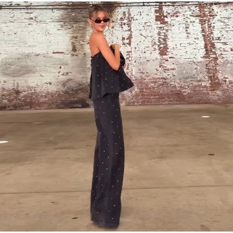 Elegante feminino strass calças superiores ternos conjunto sem alças sem manga