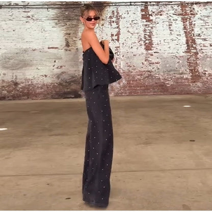 Elegante feminino strass calças superiores ternos conjunto sem alças sem manga