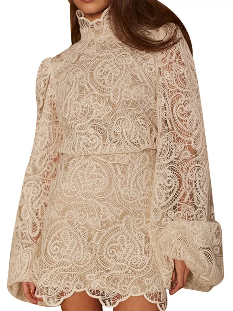 Bwq lanterna manga vestido de renda conjunto suporte pescoço crochê oco para f