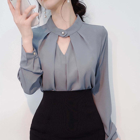 Blusas sólidas femininas camisas de chiffon manga longa fino oco sexy all-match