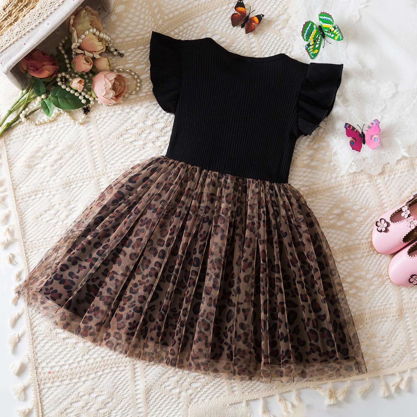 Vestido floral rosa preto para meninas de 3 a 8 anos, verão, roupas casuais par