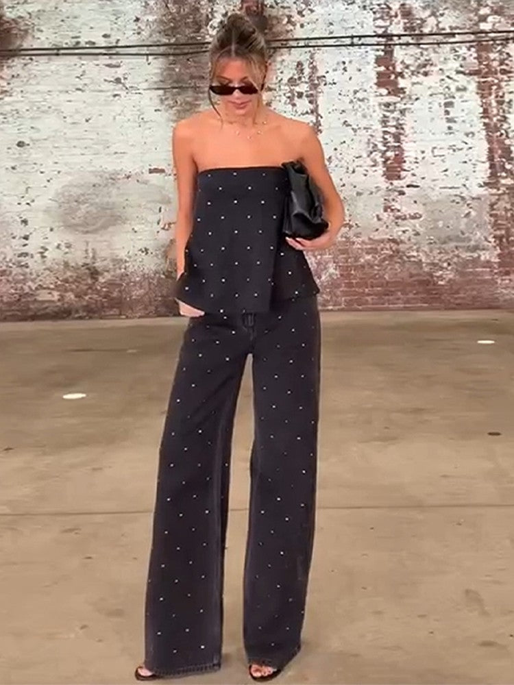 Elegante feminino strass calças superiores ternos conjunto sem alças sem manga