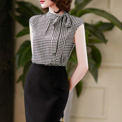 Verão coreano arco laço chiffon camisa elegante gola houndstooth escritório s