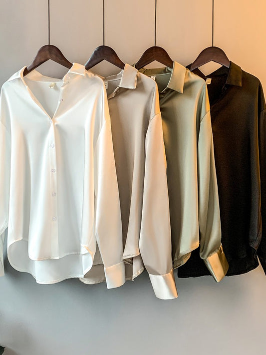Senhora do escritório blusa de manga longa feminina outono 2023 overshirt cetim