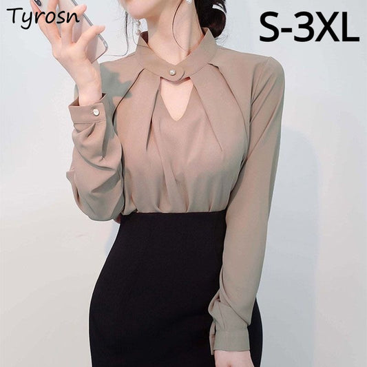 Blusas sólidas femininas camisas de chiffon manga longa fino oco sexy all-match