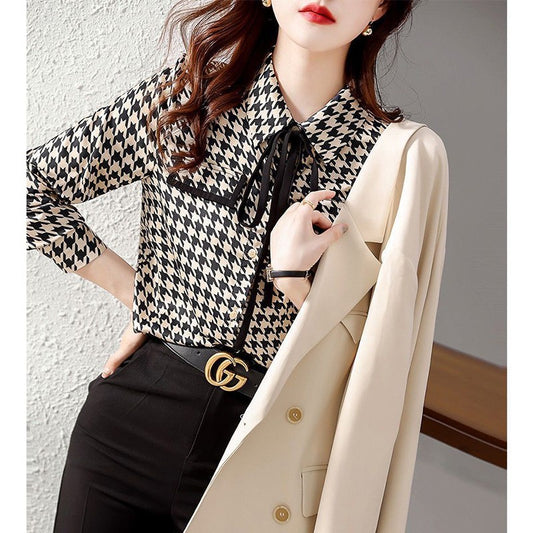 Primavera outono elegante moda houndstooth impressão rendas até camisa senhora