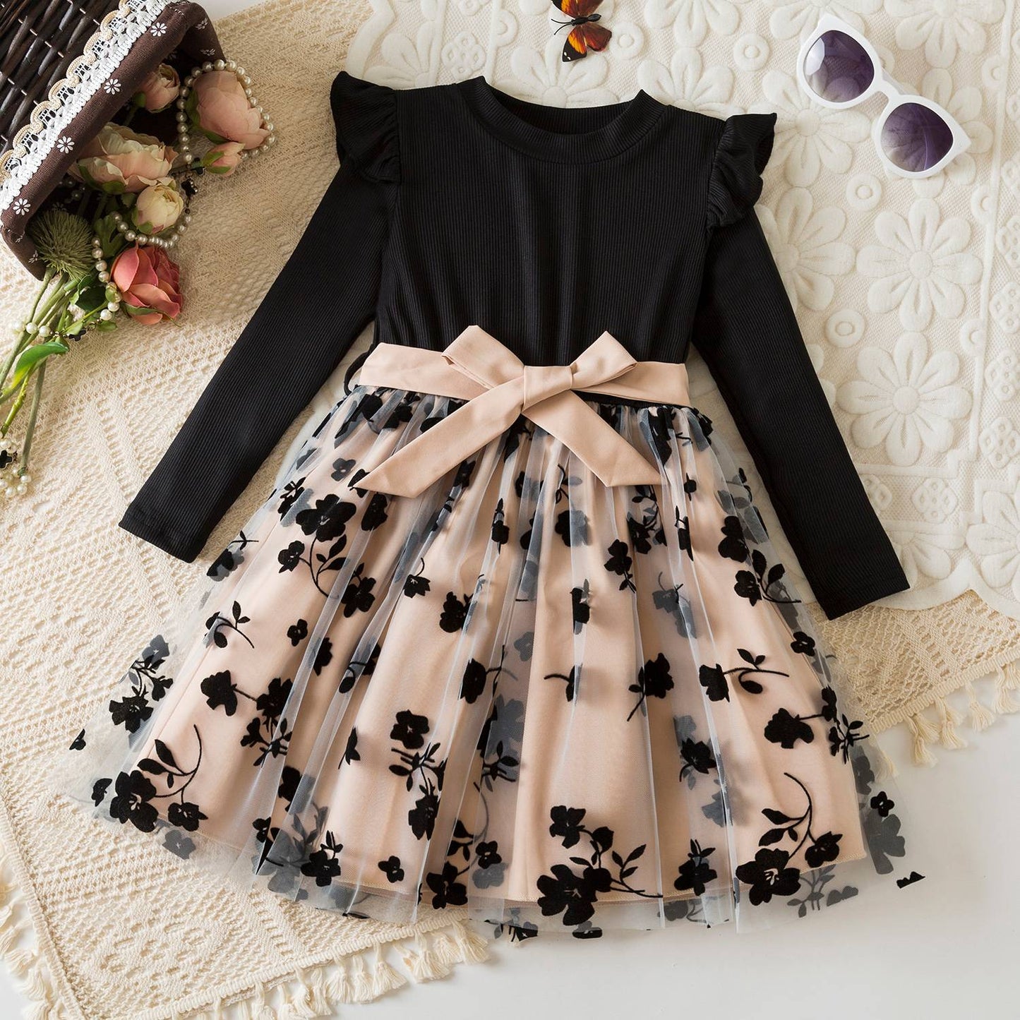 Vestido floral rosa preto para meninas de 3 a 8 anos, verão, roupas casuais par