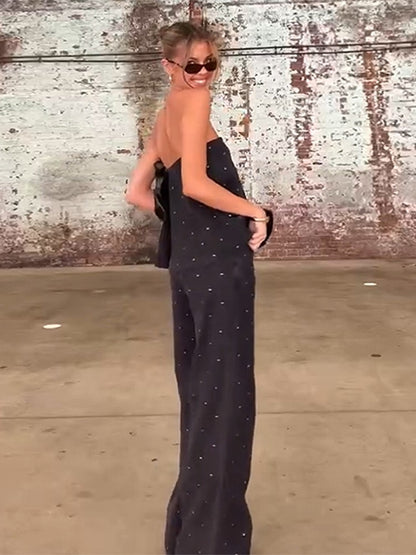 Elegante feminino strass calças superiores ternos conjunto sem alças sem manga