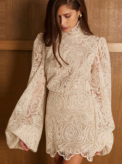 Bwq lanterna manga vestido de renda conjunto suporte pescoço crochê oco para f