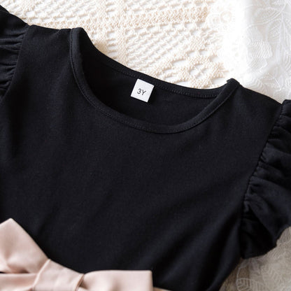 Vestido floral rosa preto para meninas de 3 a 8 anos, verão, roupas casuais par