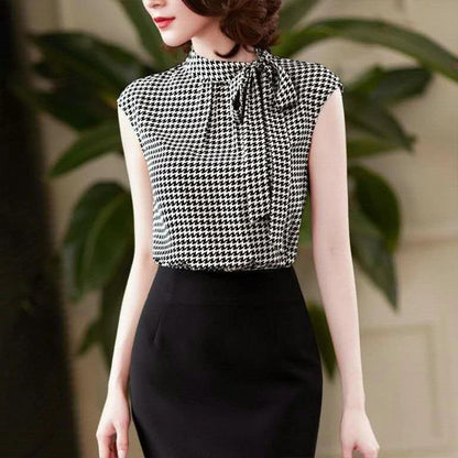 Verão coreano arco laço chiffon camisa elegante gola houndstooth escritório s