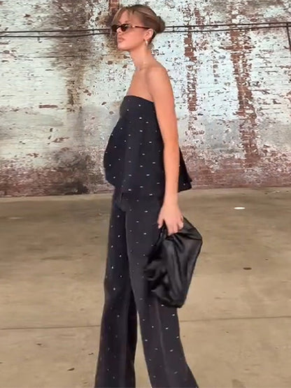 Elegante feminino strass calças superiores ternos conjunto sem alças sem manga