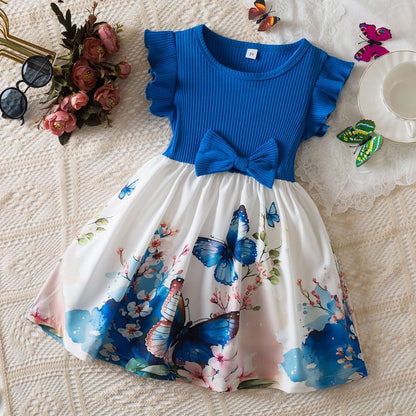 Vestido floral rosa preto para meninas de 3 a 8 anos, verão, roupas casuais par