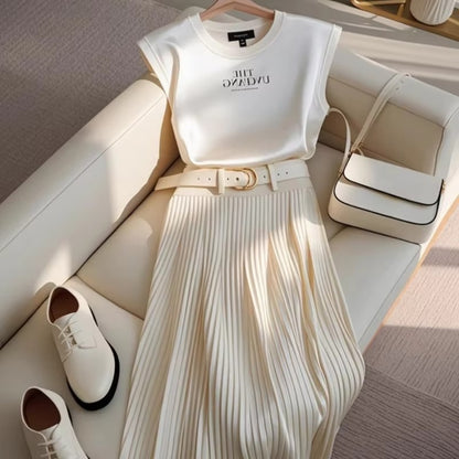 Moda coreana 2 peça conjunto feminino sem mangas o-pescoço camisola camiseta a