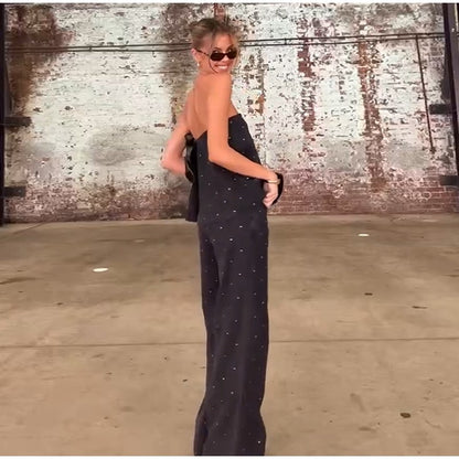 Elegante feminino strass calças superiores ternos conjunto sem alças sem manga