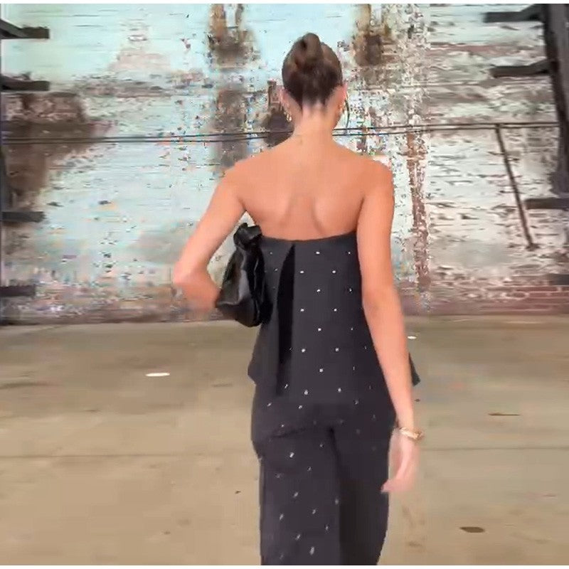 Elegante feminino strass calças superiores ternos conjunto sem alças sem manga