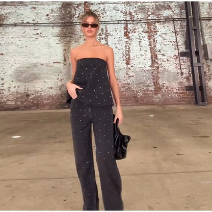 Elegante feminino strass calças superiores ternos conjunto sem alças sem manga