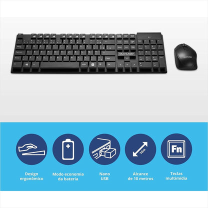 KIT TECLADO E MOUSE SEM FIO MULTILASER TECLAS FLUTUANTES PRETO TC251