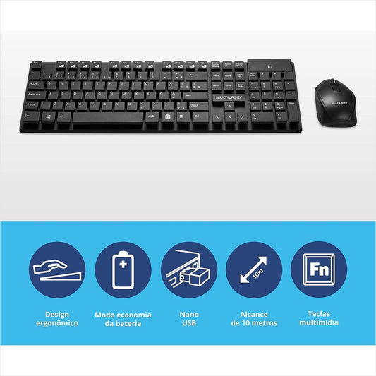 KIT TECLADO E MOUSE SEM FIO MULTILASER TECLAS FLUTUANTES PRETO TC251